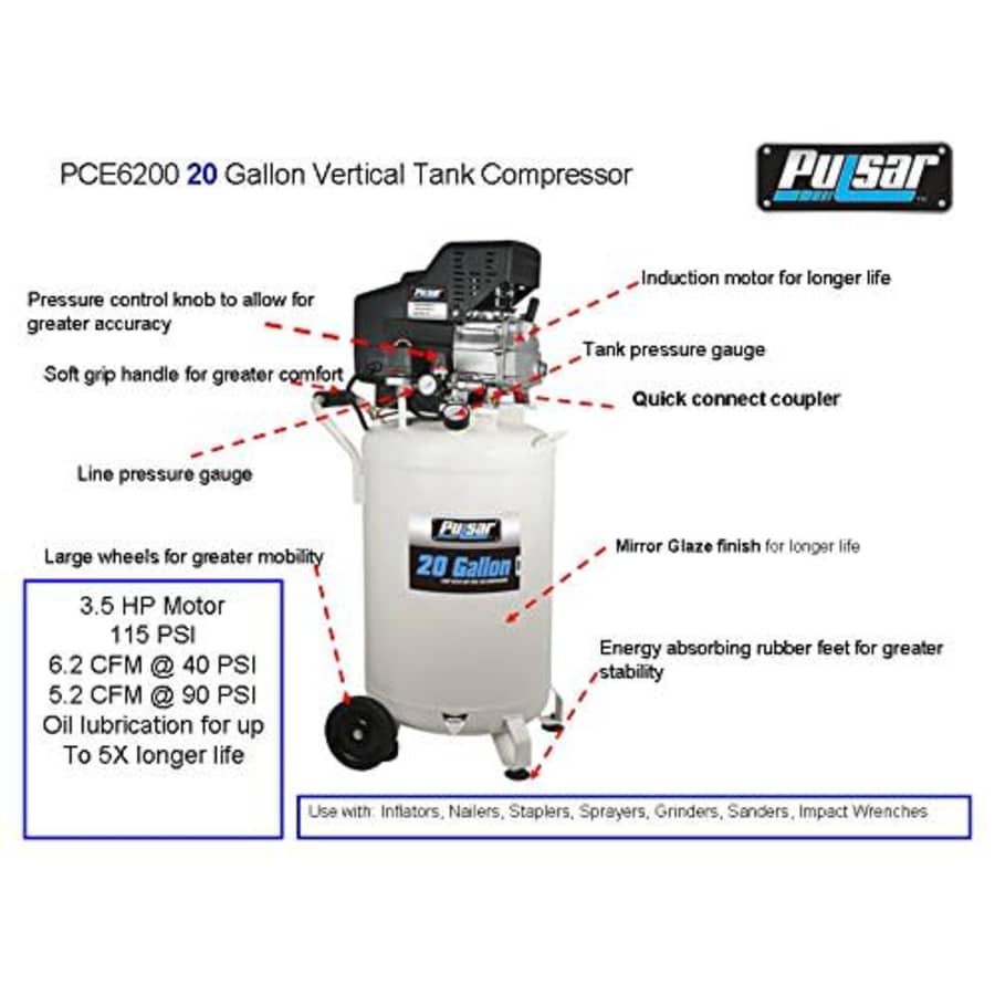 Pulsar PCE6200 Vertical Electrical Air Compressor, 20-Gallon for $244 Pulsar PCE6200 Vertical Electrical Air Compressor, 20-Gallon for $244