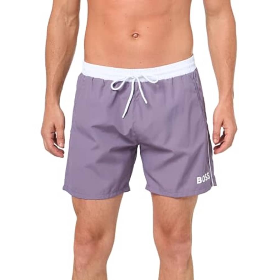 BOSS Men's Standard Medium Length Solid Swim Trunk, Purple sage for $55