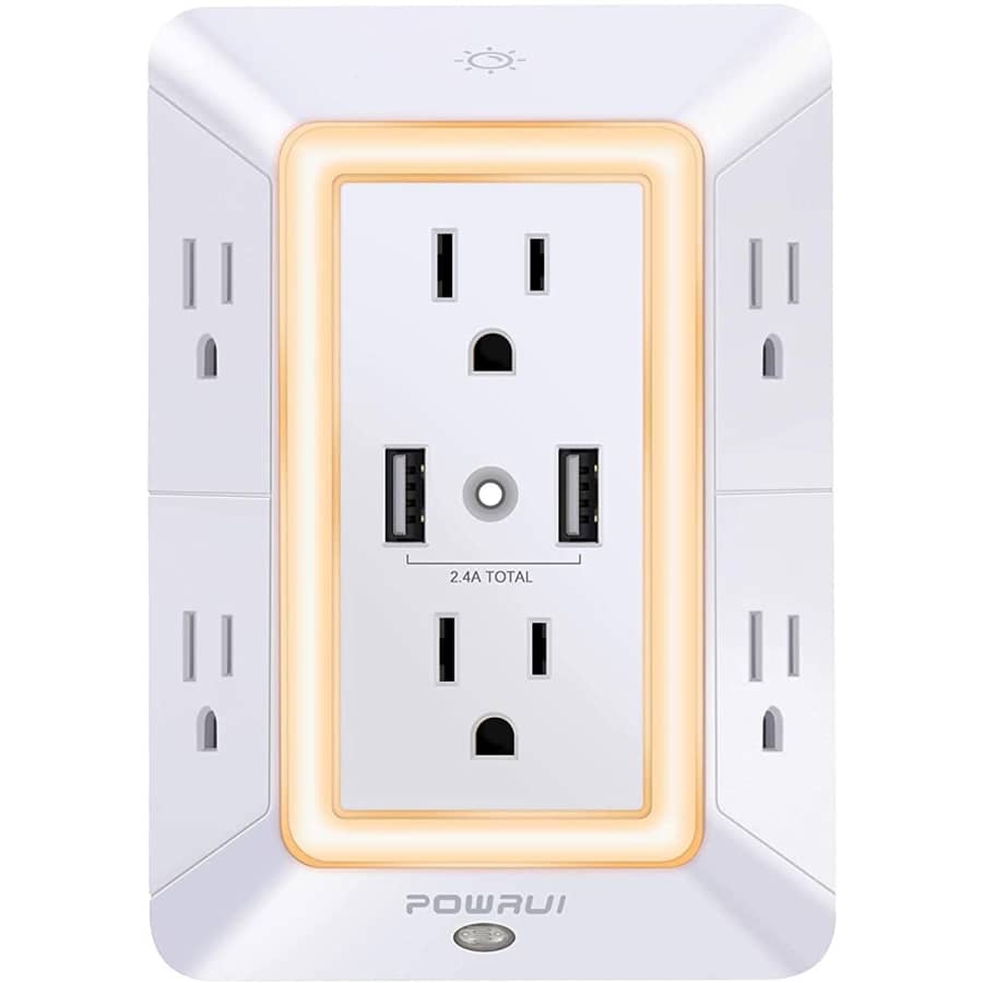 Powrui 6-Outlet 2-USB Wall Surge Protector w/ Night Light for $18