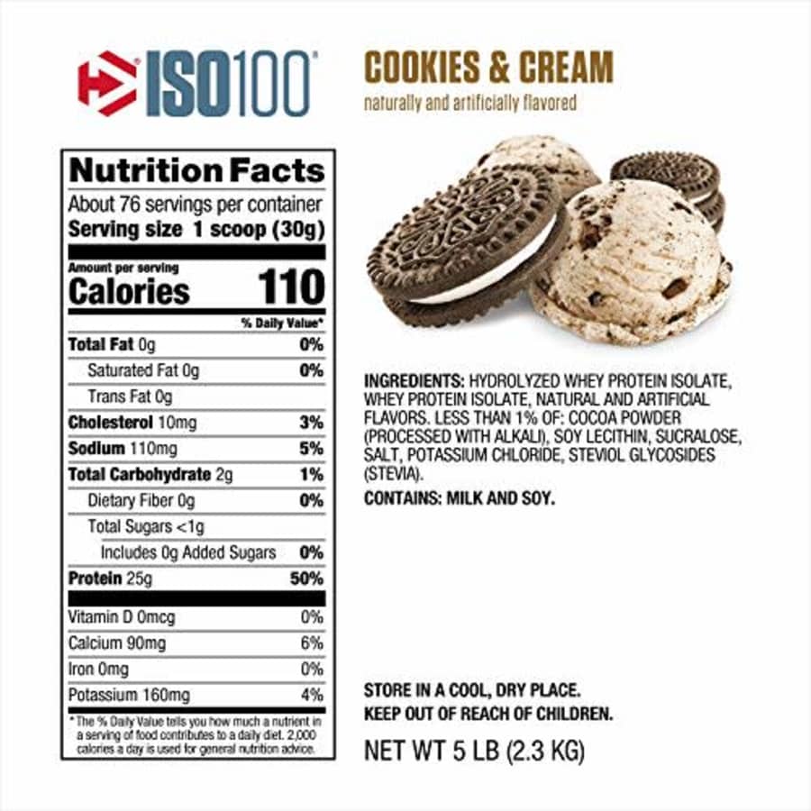 Dymatize ISO100 Hydrolyzed Protein Powder, Cookies & Cream, 5 Pound, 80 Oz for $92 Dymatize ISO100 Hydrolyzed Protein Powder, Cookies & Cream, 5 Pound, 80 Oz for $92
