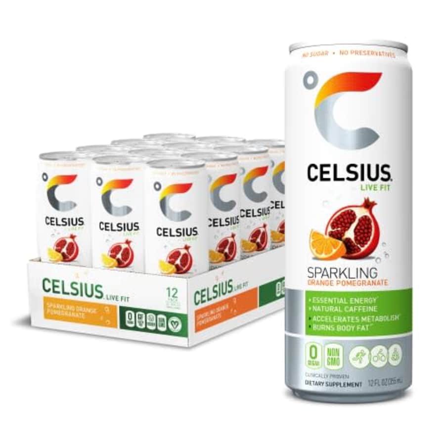 CELSIUS Sweetened with Stevia Sparkling Fitness Drink, Zero Sugar, Slim Can, Orange Pomegranate, for $25