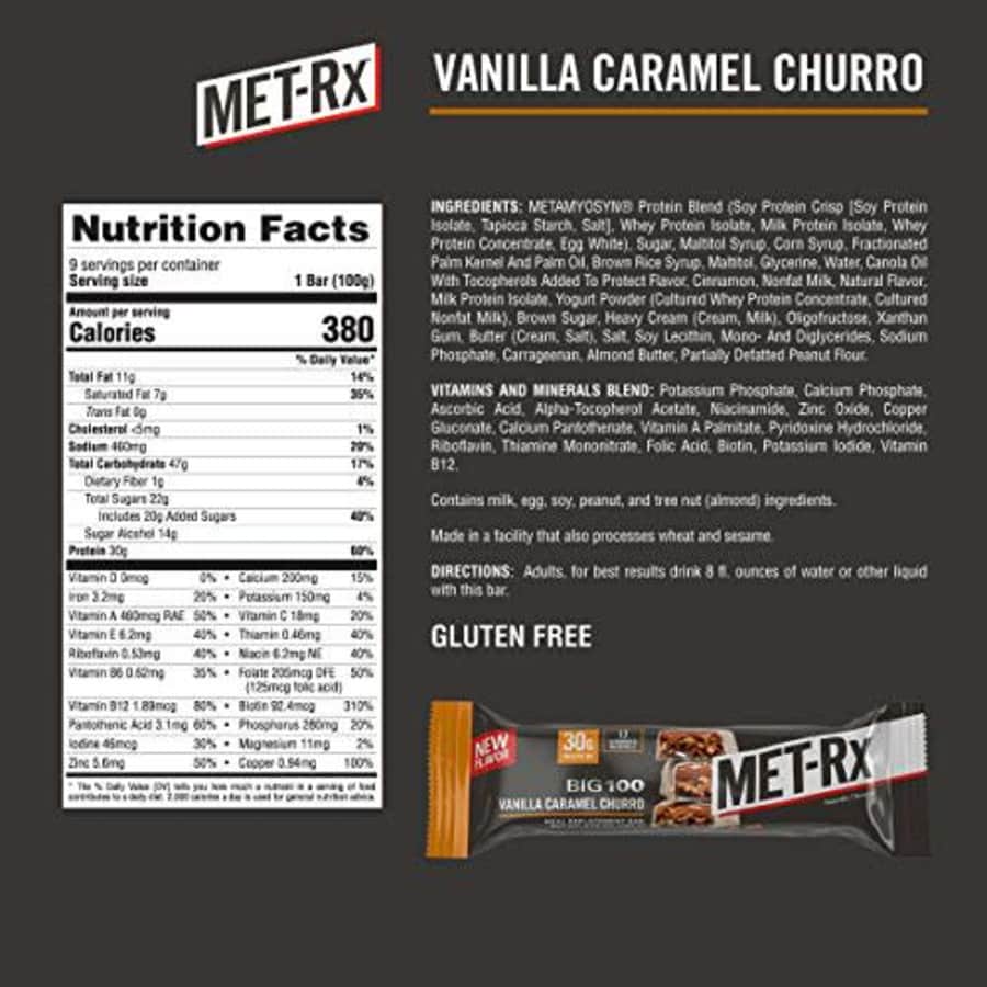 MET-Rx Big 100 Colossal Protein Bars, Vanilla Caramel Churro Meal Replacement Bars, Brown, 9 Count for $36 MET-Rx Big 100 Colossal Protein Bars, Vanilla Caramel Churro Meal Replacement Bars, Brown, 9 Count for $36