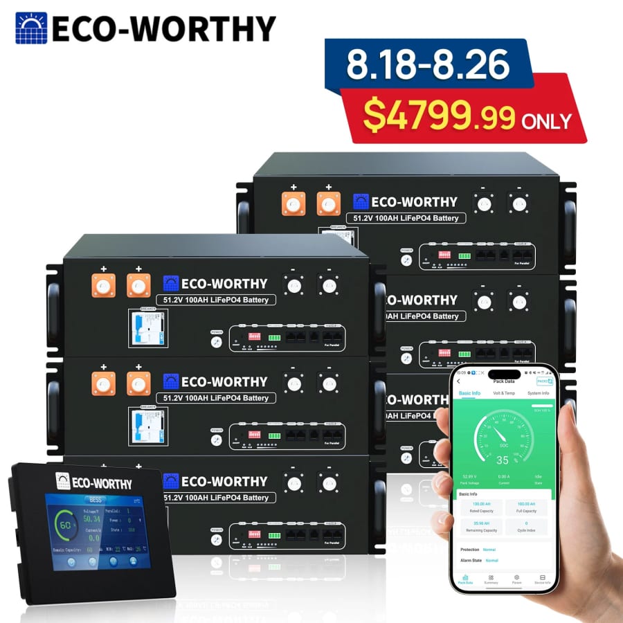 Eco-Worthy 30.72kWh 48V 100AH Server Rack Lithium Battery 6-Pack with Monitor for $4,800 Eco-Worthy 30.72kWh 48V 100AH Server Rack Lithium Battery 6-Pack with Monitor for $4,800