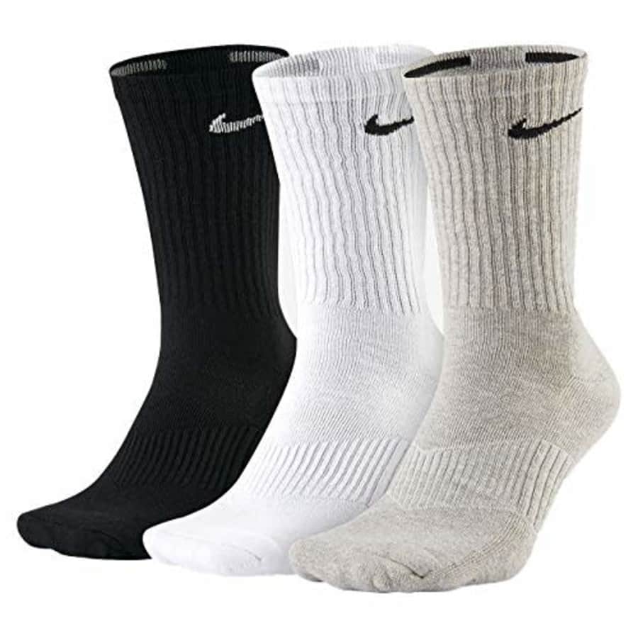 NIKE Unisex Performance Cushion Crew Training Socks (3 Pairs), Black/White/Grey, Large for $30 NIKE Unisex Performance Cushion Crew Training Socks (3 Pairs), Black/White/Grey, Large for $30