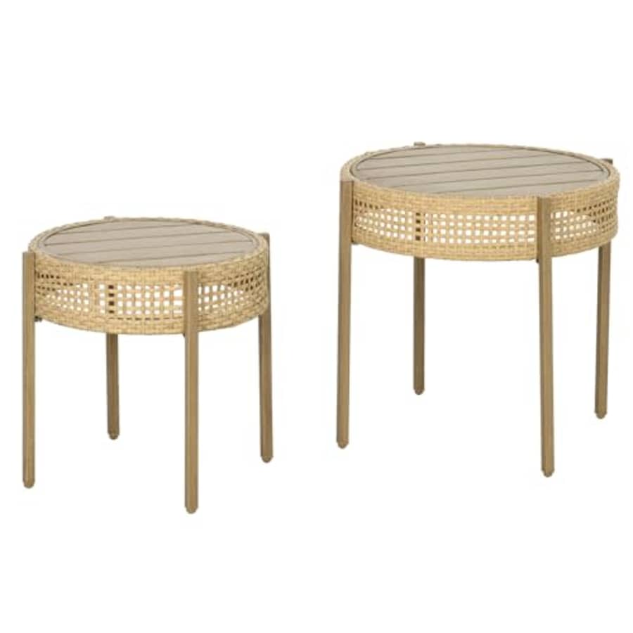 Outsunny 2 Piece Wicker Patio Table Set, PE Rattan End Table Set, Outdoor Round Coffee Table Set, for $54