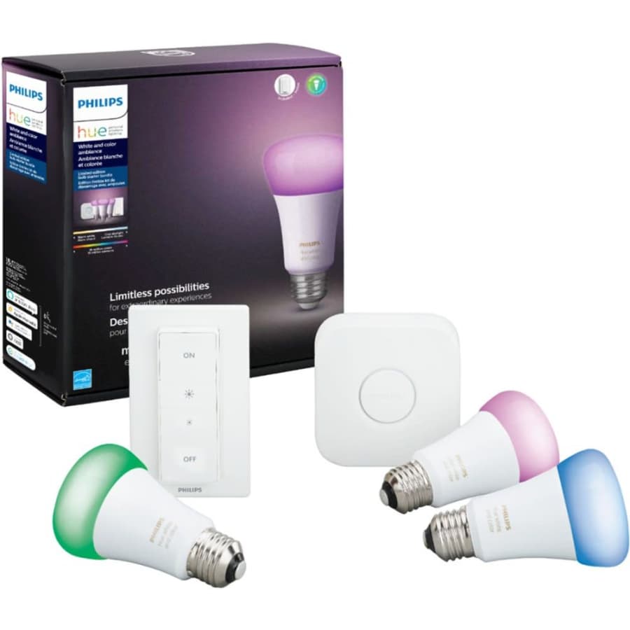 Philips Hue White & Color Ambiance LED Smart Light Bulb Starter Kit for $130