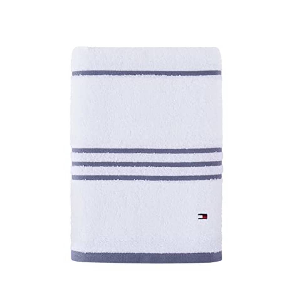 Tommy Hilfiger Modern American Stripe Bath Towel, 30 X 54 Inches, 100% Cotton 574 GSM (White/Steel for $11