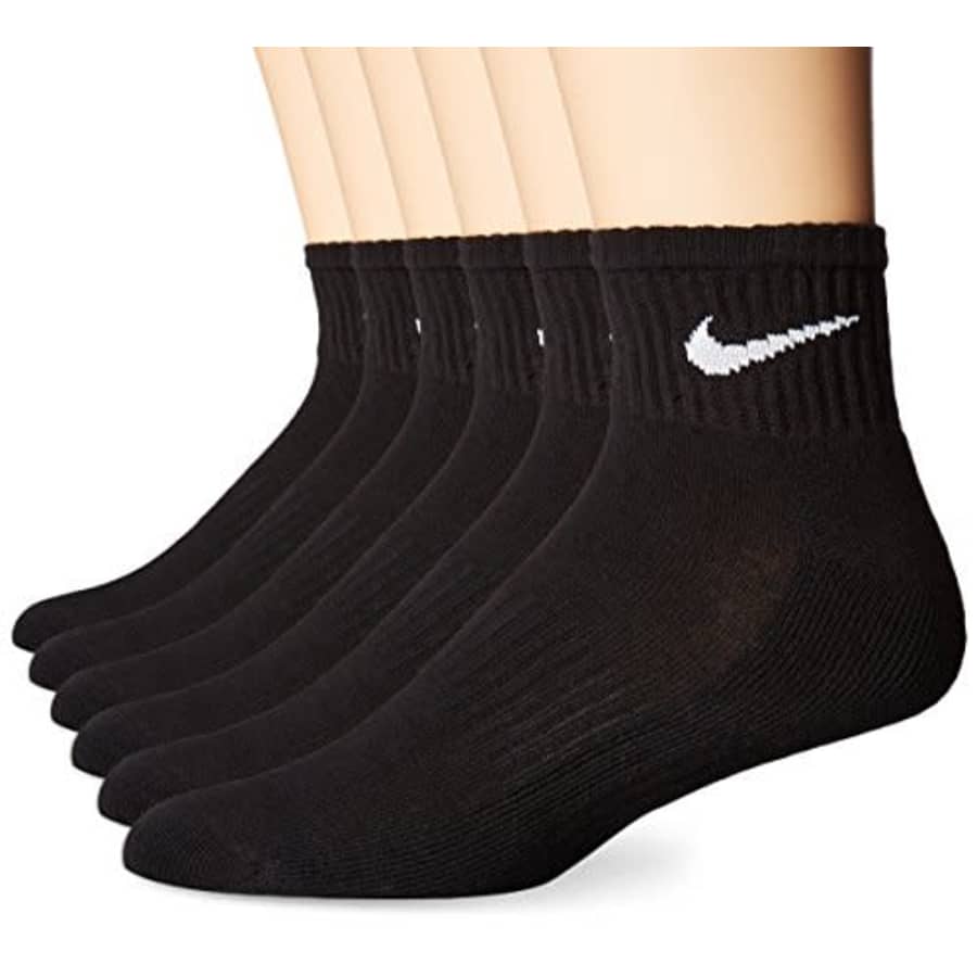 NIKE Unisex Performance Cushion Quarter Socks with Bag (6 Pairs), Black/White, Medium for $50 NIKE Unisex Performance Cushion Quarter Socks with Bag (6 Pairs), Black/White, Medium for $50