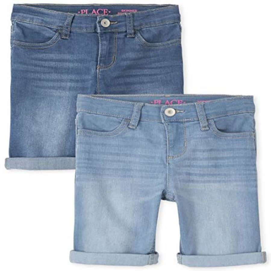 The Children's Place Girls Roll Cuff Denim Skimmer Shorts 2-Pack, REFLECTBLUE WSH, 14 for $27