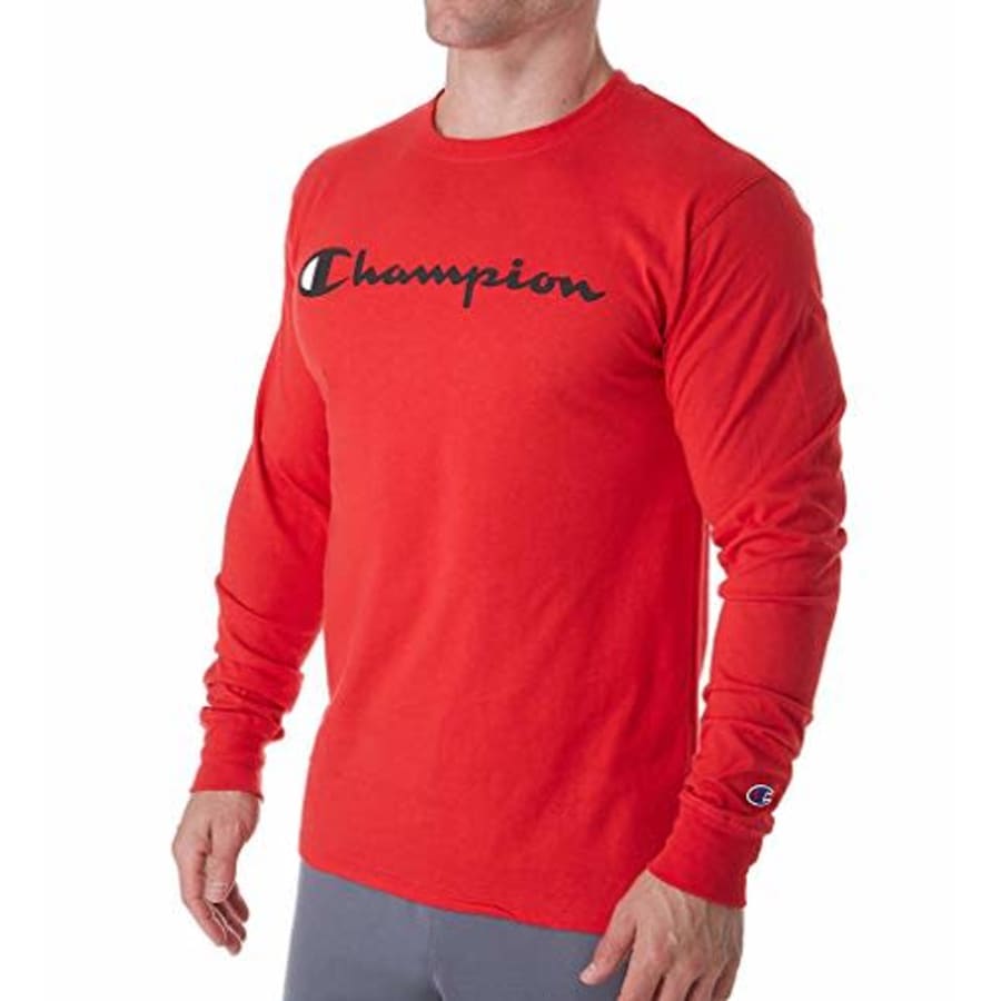 Champion Men's Classic Jersey Long Sleeve Graphic T-Shirt, Sscarlet/Chest champion script, Small for $17