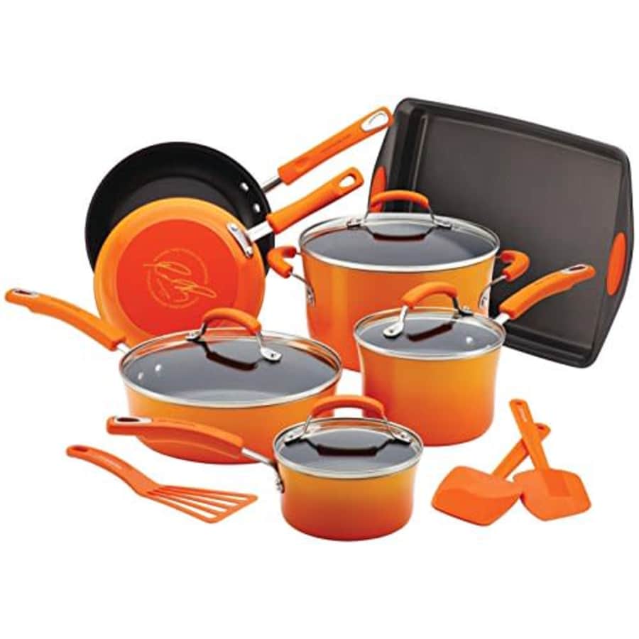 Rachael Ray Brights Nonstick Cookware Pots and Pans Set, 14 Piece, Orange Gradient for $112 Rachael Ray Brights Nonstick Cookware Pots and Pans Set, 14 Piece, Orange Gradient for $112