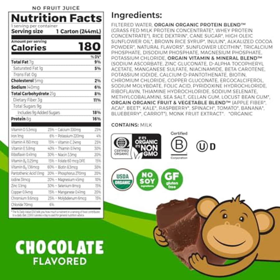 Orgain Organic Kids Nutritional Protein Shake, Chocolate - Kids Snacks with 8g Dairy Protein, 22 for $22