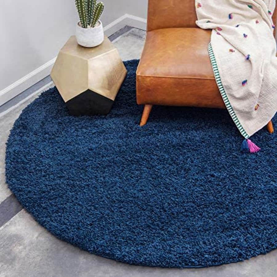 Unique Loom Solo Solid Shag Collection Modern Plush Navy Blue Round Rug (6' 0 x 6' 0) for $60