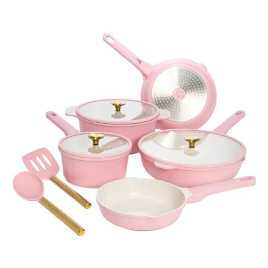 Paris Hilton Ceramic Nonstick Cookware Set, Cast Aluminum with Dual Layer Nonstick Coating, Gold for $120 Paris Hilton Ceramic Nonstick Cookware Set, Cast Aluminum with Dual Layer Nonstick Coating, Gold for $120