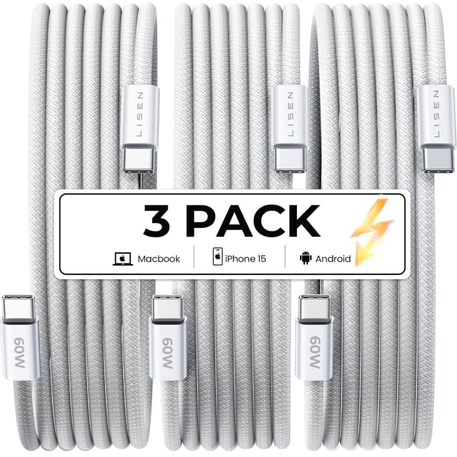Lisen 6.6-Foot 60W USB-C Charging Cable 3-Pack for $6