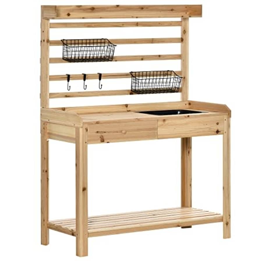 Outsunny Potting Bench Table, Garden Work Bench, Workstation with Metal Sieve Screen, Removable for $133