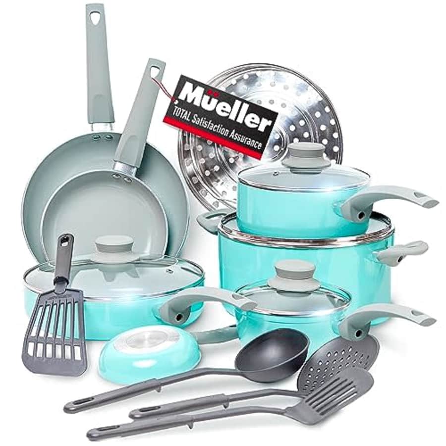 Mueller 16-Piece Non-Stick Stone Cookware Set with Steamer and Glass Lids, Turquoise for $56 Mueller 16-Piece Non-Stick Stone Cookware Set with Steamer and Glass Lids, Turquoise for $56