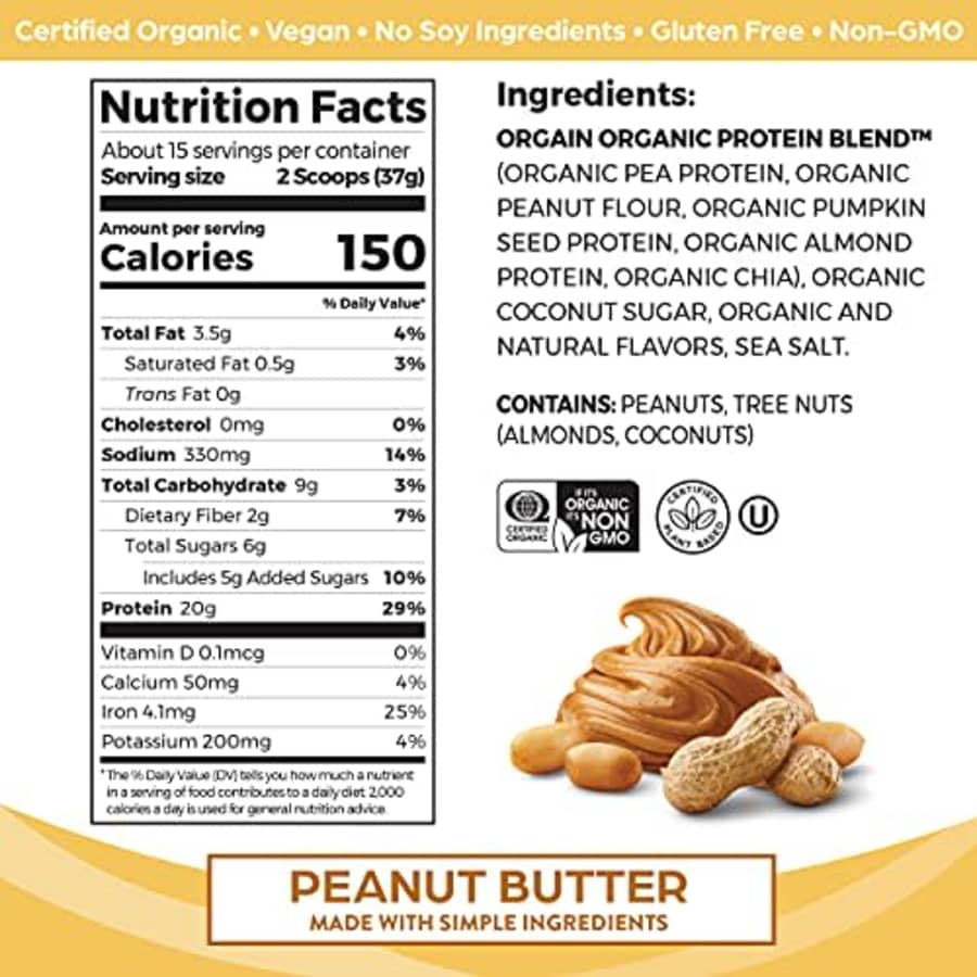 Orgain Simple Organic Vegan Protein Powder, Peanut Butter - 20g of Plant Based Protein, Made with for $26
