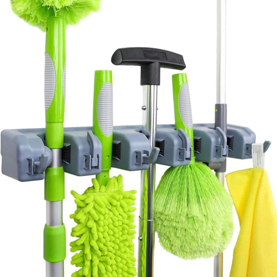 Amazon Basics Rectangular Wall Mount Broom Holder and Garden Tool Organize for $12