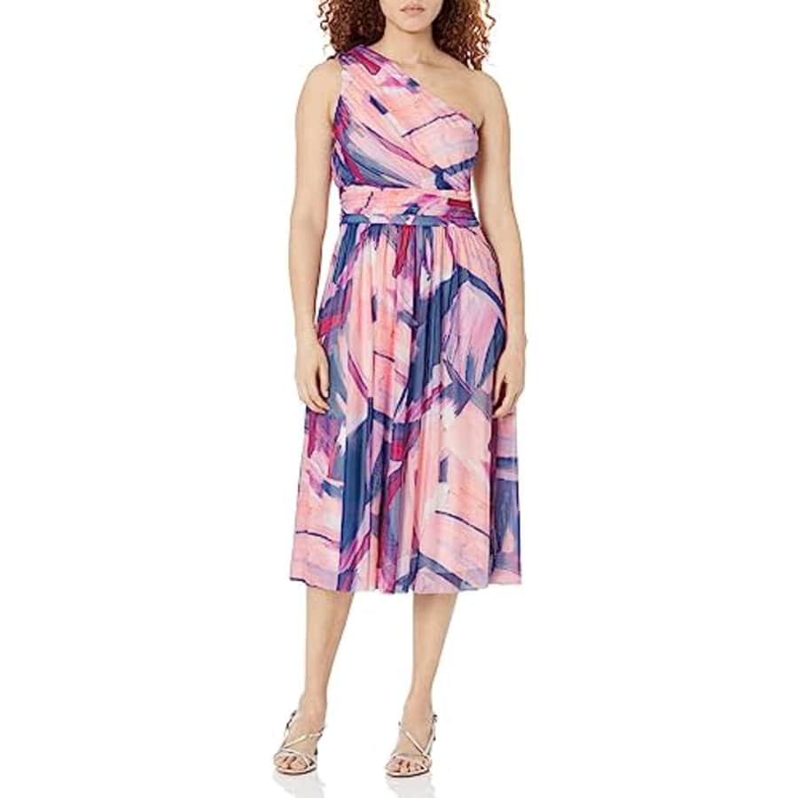 London Times Women's Ruched One Shoulder Mesh Midi Dress Guest of Occasion Wedding Event, Soft for $73 London Times Women's Ruched One Shoulder Mesh Midi Dress Guest of Occasion Wedding Event, Soft for $73