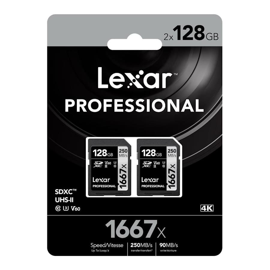 Lexar Professional 1667x 128GB UHS-II U3 SD Card 2-Pack for $59 Lexar Professional 1667x 128GB UHS-II U3 SD Card 2-Pack for $59