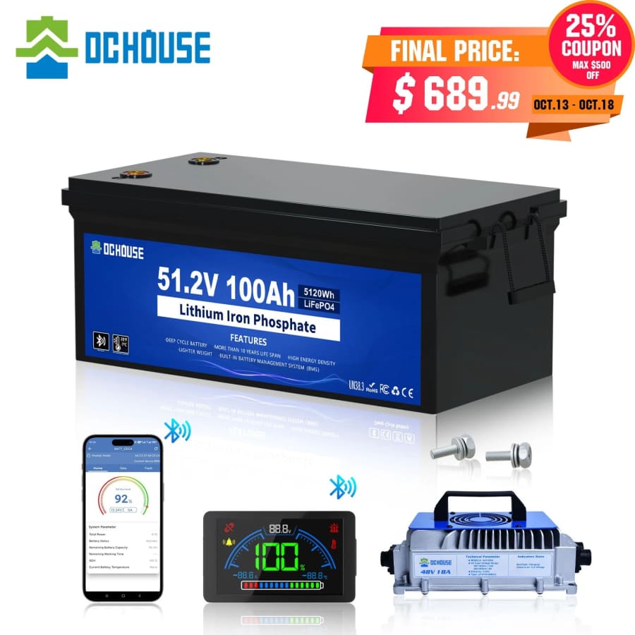 DC House 48V 100AH LiFePO4 Lithium Golf Cart Battery w/ Charger for $689 DC House 48V 100AH LiFePO4 Lithium Golf Cart Battery w/ Charger for $689