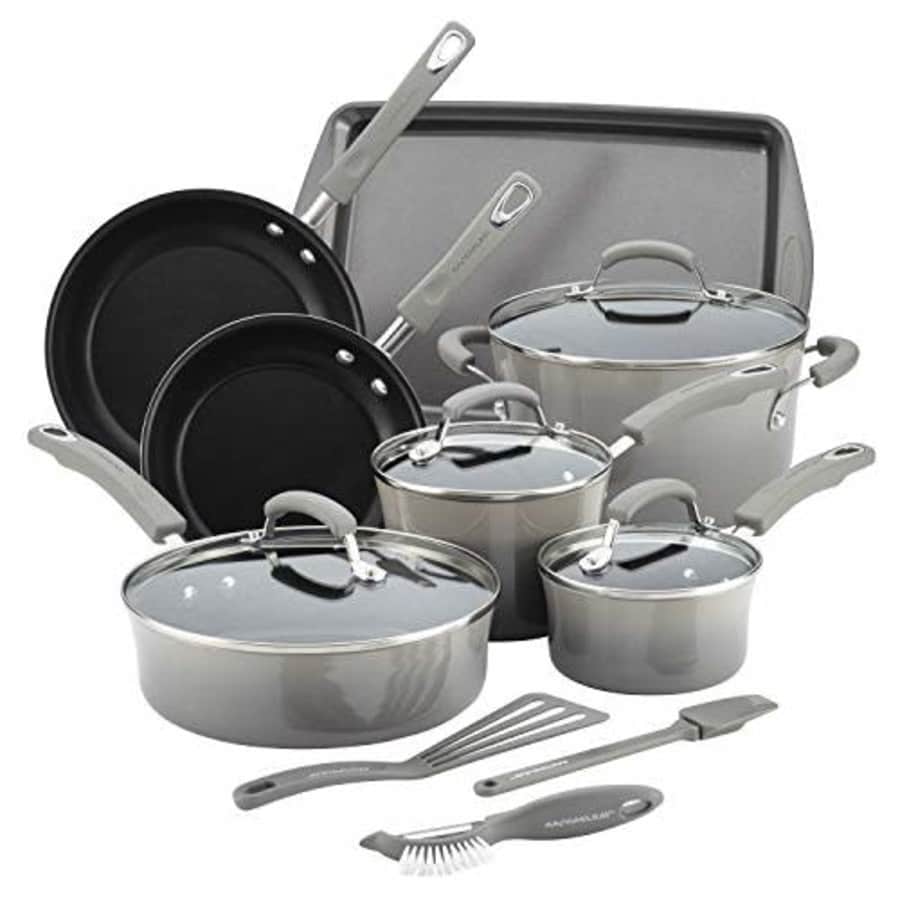Rachael Ray Brights Nonstick Cookware Pots and Pans Set, 14 Piece, Sea Salt Gray for $160 Rachael Ray Brights Nonstick Cookware Pots and Pans Set, 14 Piece, Sea Salt Gray for $160