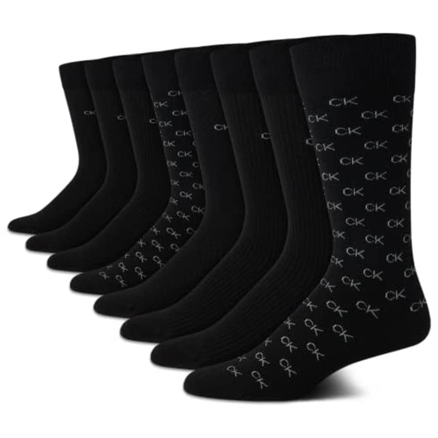 Calvin Klein Men's Dress Socks - Lightweight Cotton Blend Crew Socks (8 Pack), Size 7-12, Black Logo for $17