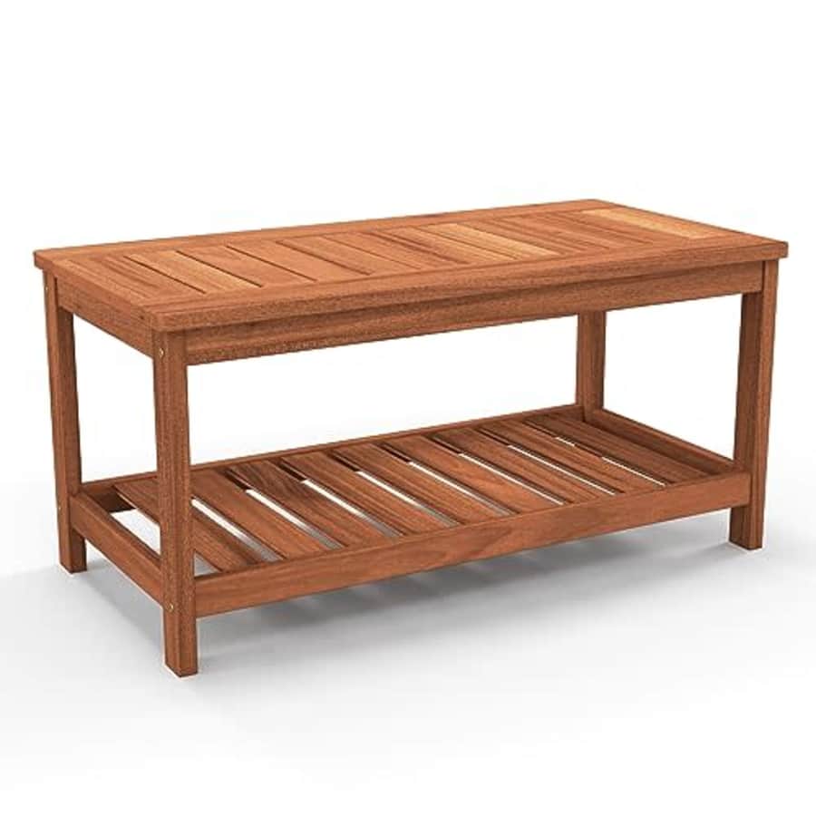 Tangkula Wood Outdoor Patio Coffee Table, 2-Tier Coffee Table with Slat Tabletop, Storage Shelf, for $100