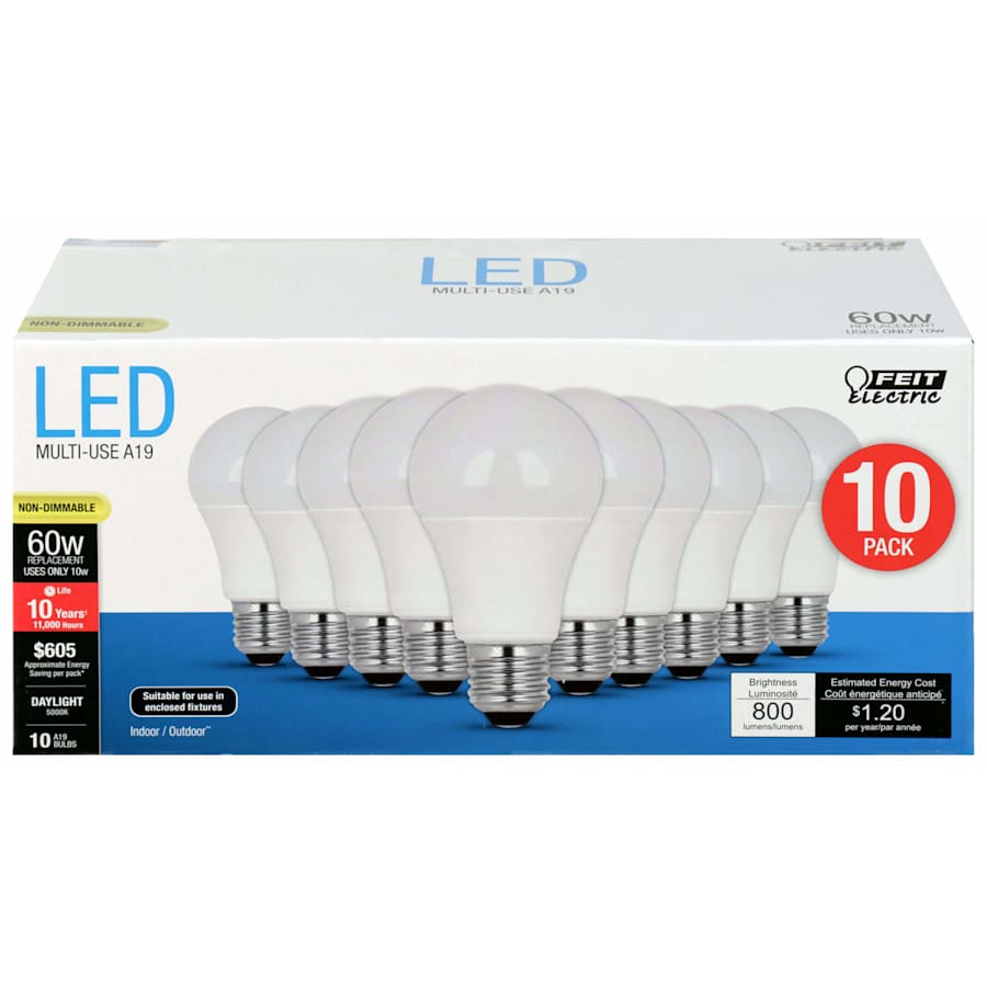 Feit Electric A19 E26 (Medium) LED Bulb Daylight 60 Watt Equivalence 10-Pack for $10 Feit Electric A19 E26 (Medium) LED Bulb Daylight 60 Watt Equivalence 10-Pack for $10
