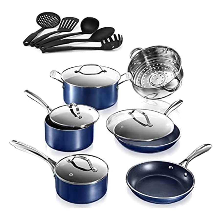 GraniteStone Granite Stone Blue Cookware Sets Nonstick Pots and Pans Set 10pc Cookware Sets |+ 5 Piece Utensil for $144 GraniteStone Granite Stone Blue Cookware Sets Nonstick Pots and Pans Set 10pc Cookware Sets |+ 5 Piece Utensil for $144