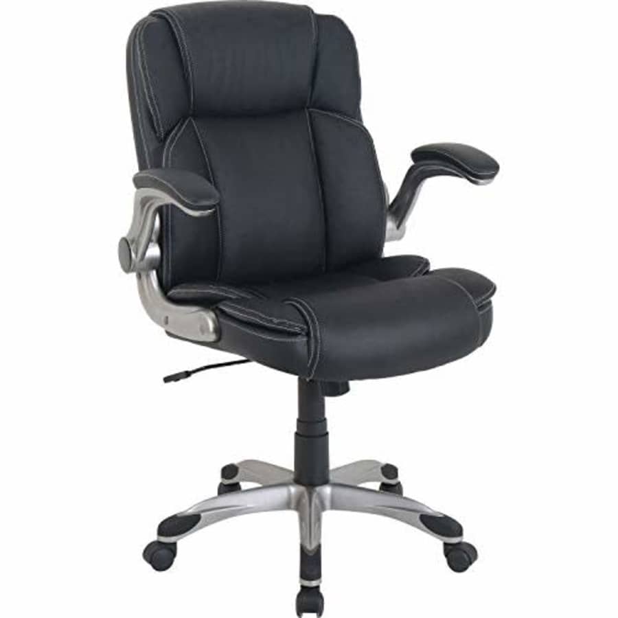 Lorell Soho Flip Armrest Mid-Back Leather Chair, Black for $154