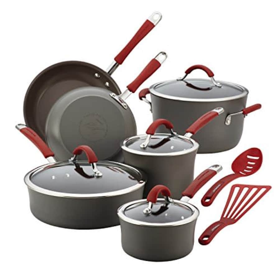 Rachael Ray Cucina Hard Anodized Nonstick Cookware Pots and Pans Set, 12 Piece, Gray with Red for $180 Rachael Ray Cucina Hard Anodized Nonstick Cookware Pots and Pans Set, 12 Piece, Gray with Red for $180