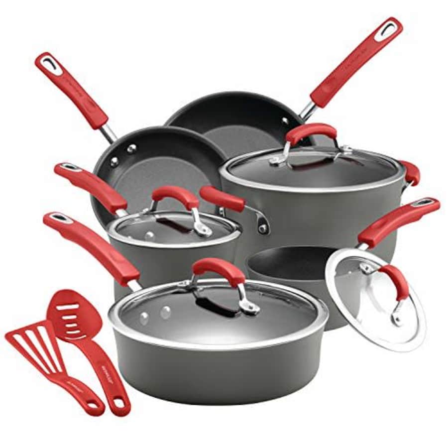 Rachael Ray Brights Hard Anodized Nonstick Cookware Pots and Pans Set, 12 Piece, Gray with Red for $230 Rachael Ray Brights Hard Anodized Nonstick Cookware Pots and Pans Set, 12 Piece, Gray with Red for $230