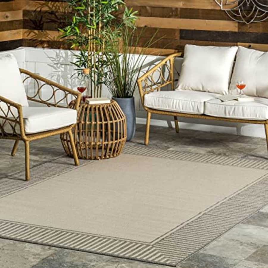 nuLOOM 7x9 Outdoor/Indoor Asha Area Rug, Light Grey, Casual Design With Striped Border, Stain for $80