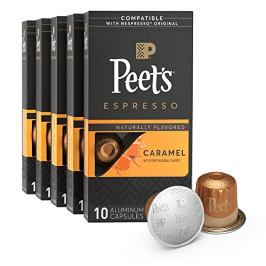 Peet's Coffee, Dark Roast Espresso Capsules Compatible with Nespresso Original Machine, Caramel 50 for $35 Peet's Coffee, Dark Roast Espresso Capsules Compatible with Nespresso Original Machine, Caramel 50 for $35