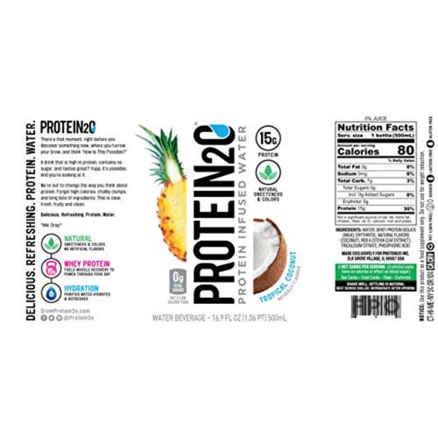 Protein2o 15g Whey Protein Infused Water, Tropical Coconut, 16.9 oz Bottle (Pack of 12) for $28 Protein2o 15g Whey Protein Infused Water, Tropical Coconut, 16.9 oz Bottle (Pack of 12) for $28