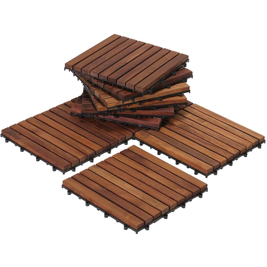 Bare Decor EZ-Floor 12" x 12" Teak Wood Snap-In Deck Tiles 10-Pack for $83
