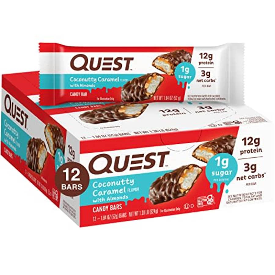 Quest Nutrition Coconutty Caramel Candy Bars, 12g of Protein, 3g Net Carbs, 1g of Sugar, Gluten for $33 Quest Nutrition Coconutty Caramel Candy Bars, 12g of Protein, 3g Net Carbs, 1g of Sugar, Gluten for $33