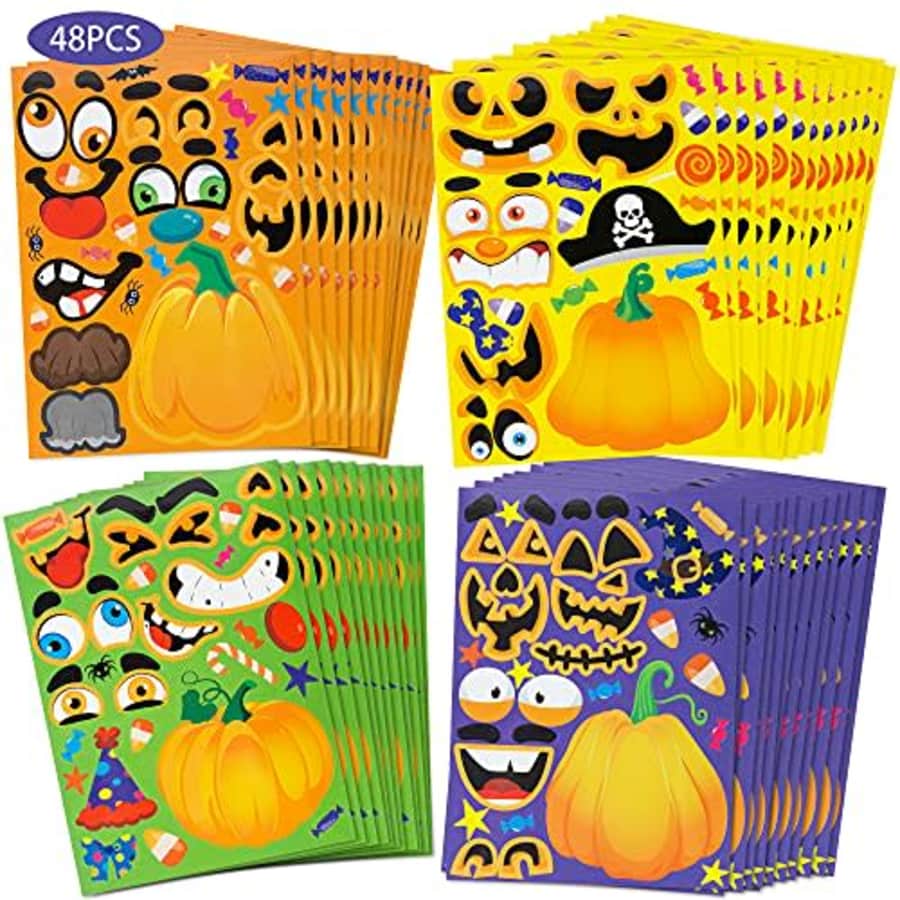 Ouddy 48 Sheets Halloween Stickers for Kids, DIY Make Pumpkin Face Stickers for Halloween Party Favors for $7