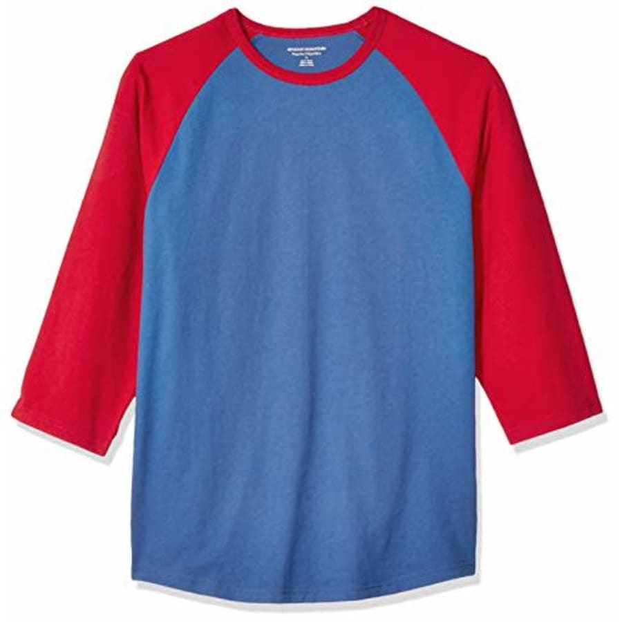 Amazon Essentials Men's Regular-Fit 3/4 Sleeve Baseball T-Shirt, Blue/Red, X-Large for $9