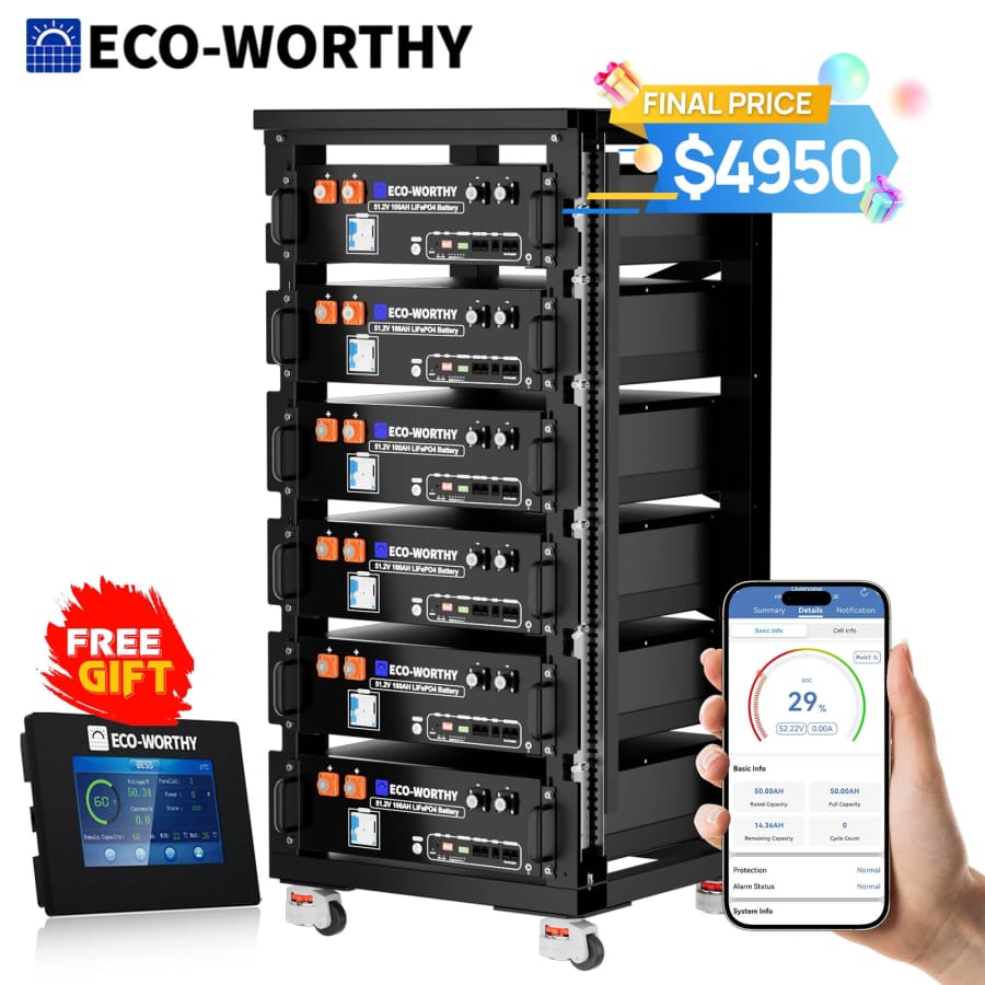 Eco-Worthy 30.72kWh 48V 100AH Server Rack Lithium Battery 6-Pack with Monitor for $4,680 Eco-Worthy 30.72kWh 48V 100AH Server Rack Lithium Battery 6-Pack with Monitor for $4,680