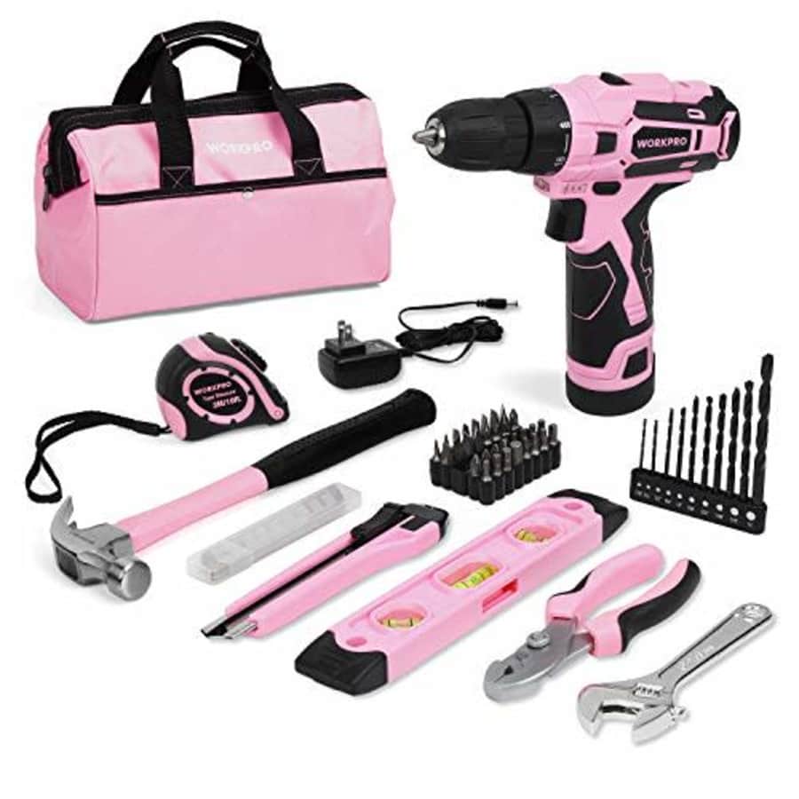 WORKPRO 12V Pink Cordless Drill Driver and Home Tool Kit, Hand Tool Set for DIY, Home Maintenance, for $60 WORKPRO 12V Pink Cordless Drill Driver and Home Tool Kit, Hand Tool Set for DIY, Home Maintenance, for $60
