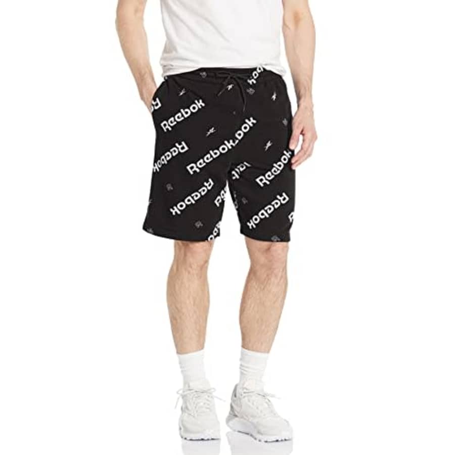 Reebok Men's Standard Fleece Shorts, Black/White Logo Graphic, X-Small for $19