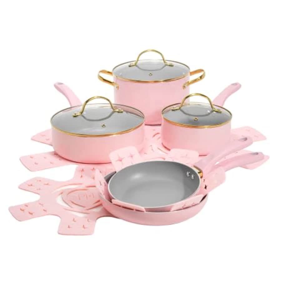 Paris Hilton Epic Nonstick Pots and Pans Set, Multi-layer Nonstick Coating, Tempered Glass Lids, for $100 Paris Hilton Epic Nonstick Pots and Pans Set, Multi-layer Nonstick Coating, Tempered Glass Lids, for $100