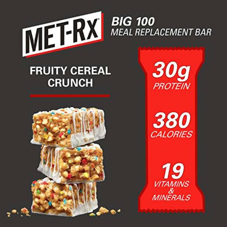 MET-Rx Big 100 Colossal Protein Bars, Fruity Cereal Crunch Meal Replacement Bars, 9 Count for $26 MET-Rx Big 100 Colossal Protein Bars, Fruity Cereal Crunch Meal Replacement Bars, 9 Count for $26