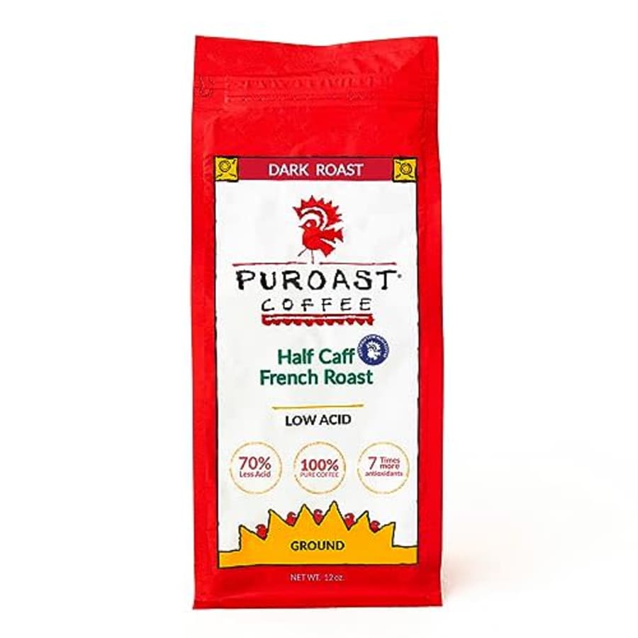 Puroast Coffee Puroast Low Acid Coffee Ground Half Caff French Roast, Dark Roast, Certified Low Acid Coffee, pH for $11