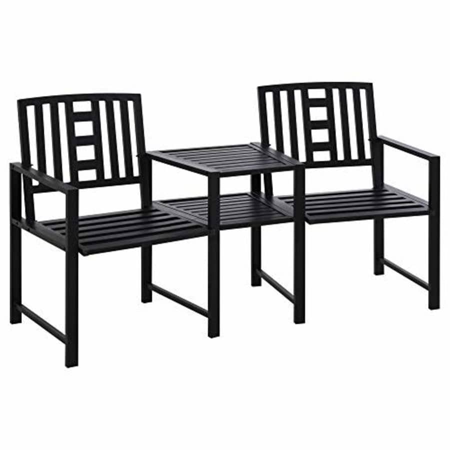 Outsunny Tete-a-Tete Garden Bench with Center Table, Metal Frame, Outdoor 2-Person Loveseat with for $170