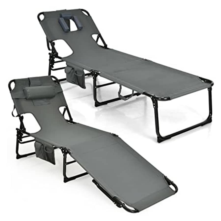 Giantex Beach Chaise Lounge Chair Set of 2, Patio Folding Recliner with Face Cavity Hole, Pillow, for $150