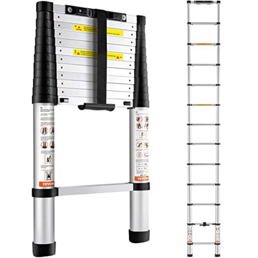VEVOR Telescoping Ladder, 12.5 FT Aluminum One-button Retraction Collapsible Extension Ladder, 375 for $83 VEVOR Telescoping Ladder, 12.5 FT Aluminum One-button Retraction Collapsible Extension Ladder, 375 for $83